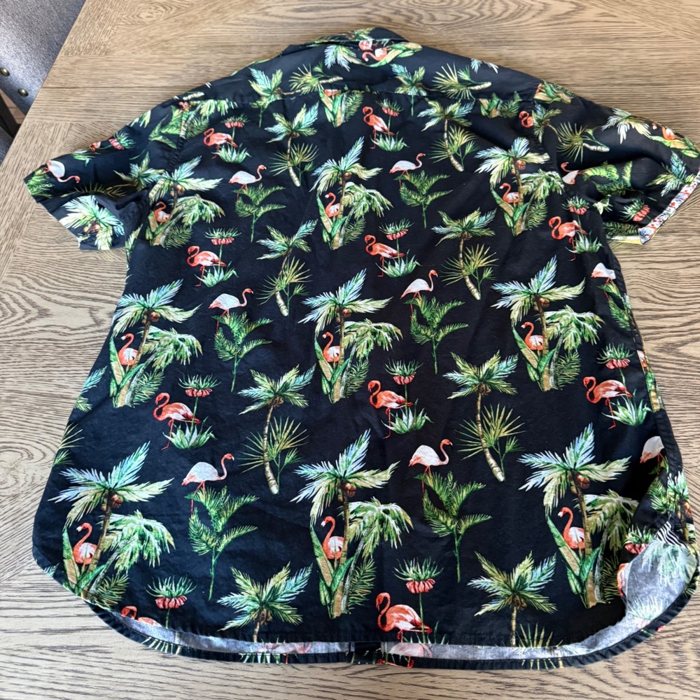 Denim & Flower Flamingo Palm Tree Tropical Button Down Shirt Black XL Slim Fit - Picture 5 of 11